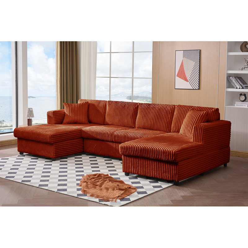 4 Seat U Sectional Couch, 110'' W Corduroy Sofa With Double Chaises, Orange Corduroy