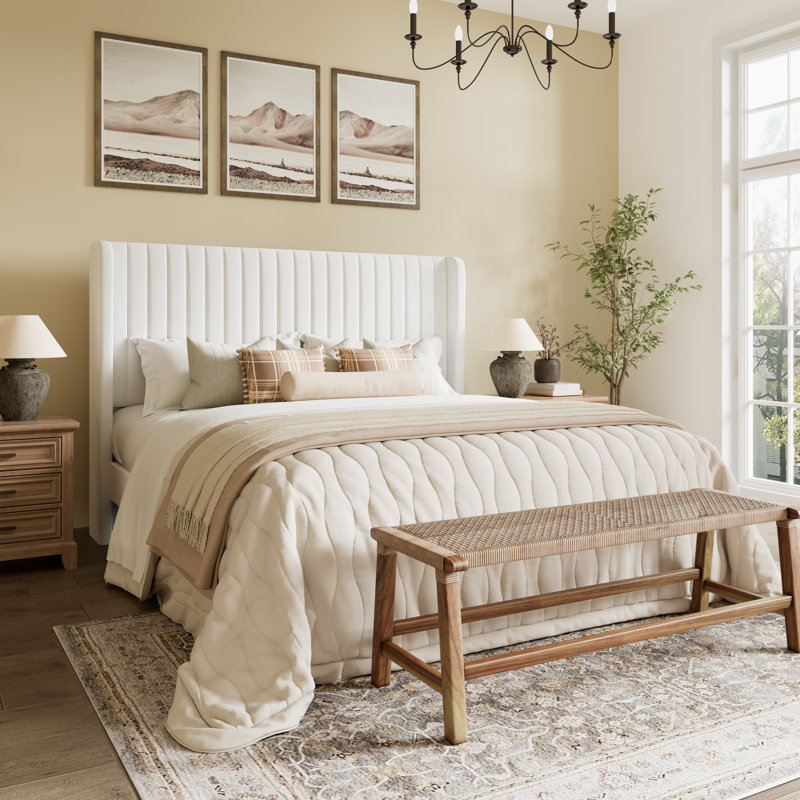 Candler Velvet Upholstered Platform Bed with Wingback Headboard and Wooden Slats, White, Queen