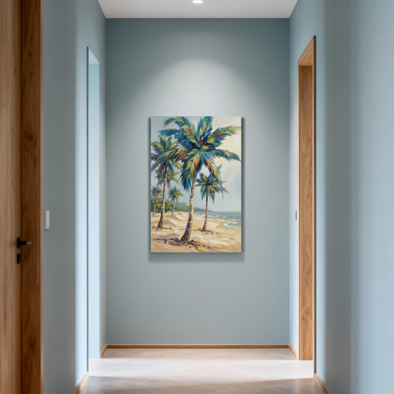 Plantes et fleurs, palmiers tropicaux, plage, océan, ciel, sable, vagues, H 18 po x l 12 po