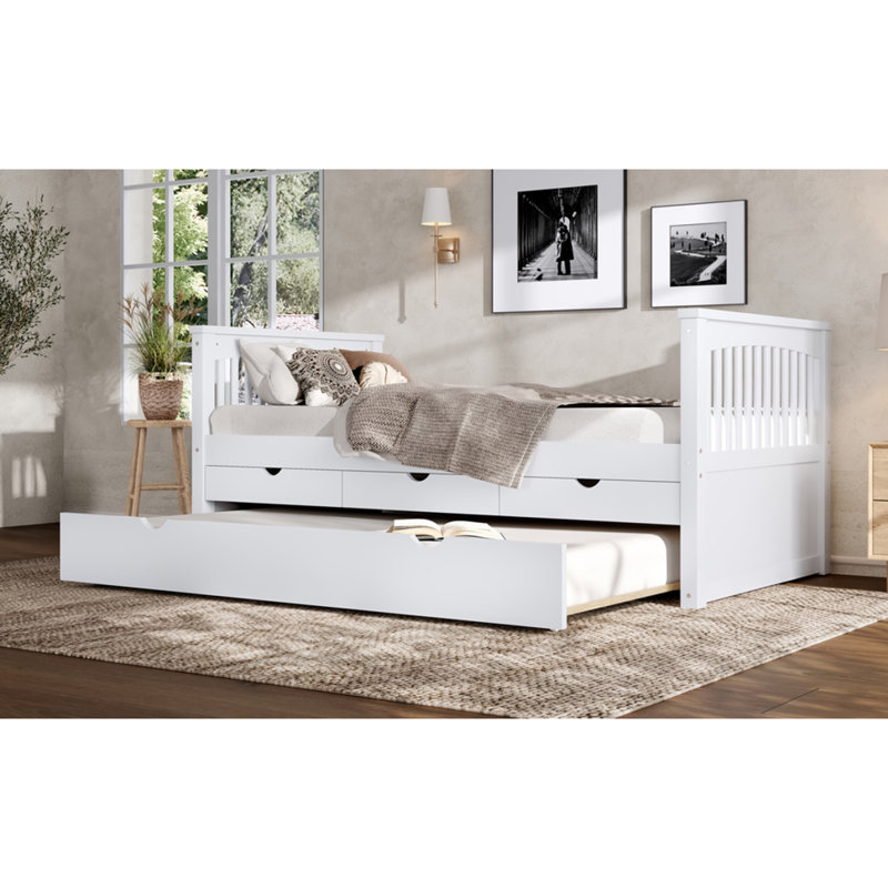 Lit plateforme simple avec tiroirs et lit gigogne, lit de jour en bois massif, sans sommier, blanc, Blanc cassé