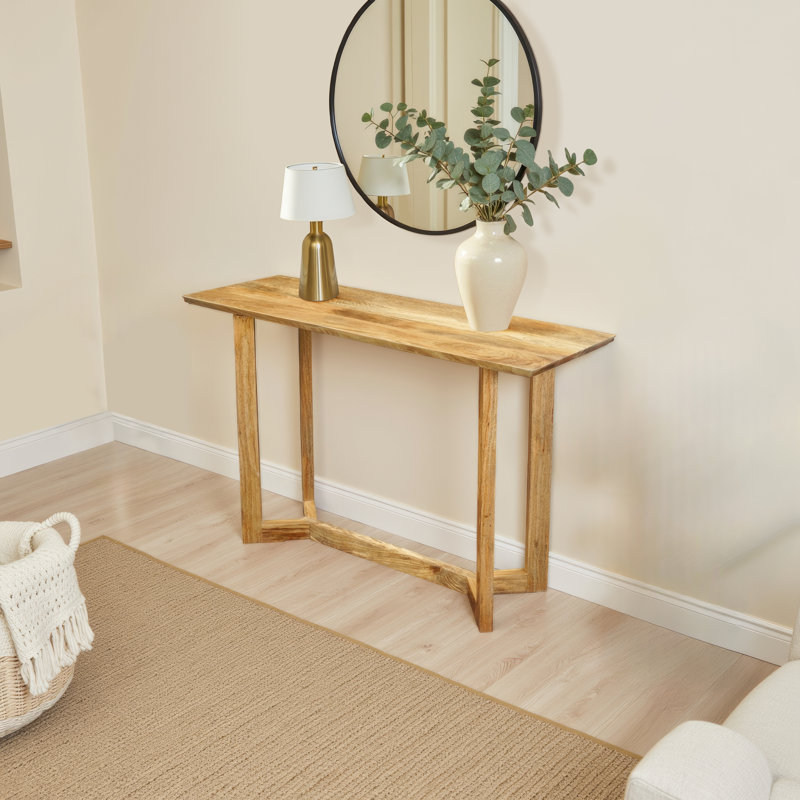 Console 48 po Nina, console en bois de manguier brun naturel avec structure ouverte et base en tréteaux