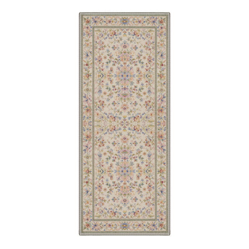Allsop Aura Floral Machine Washable Blue / Pink / Green / Beige Indoor Area Rug with Non-Slip Backing, Runner 2' x 6'