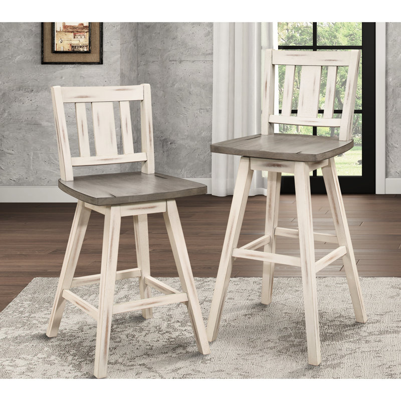 2 chaises de hauteur comptoir en bois d'hévéa massif, gris blanc, pivotant à 360 degrés, dossier à lattes verticales, 2 repas en bois d'hévéa rustique, 360 Spin