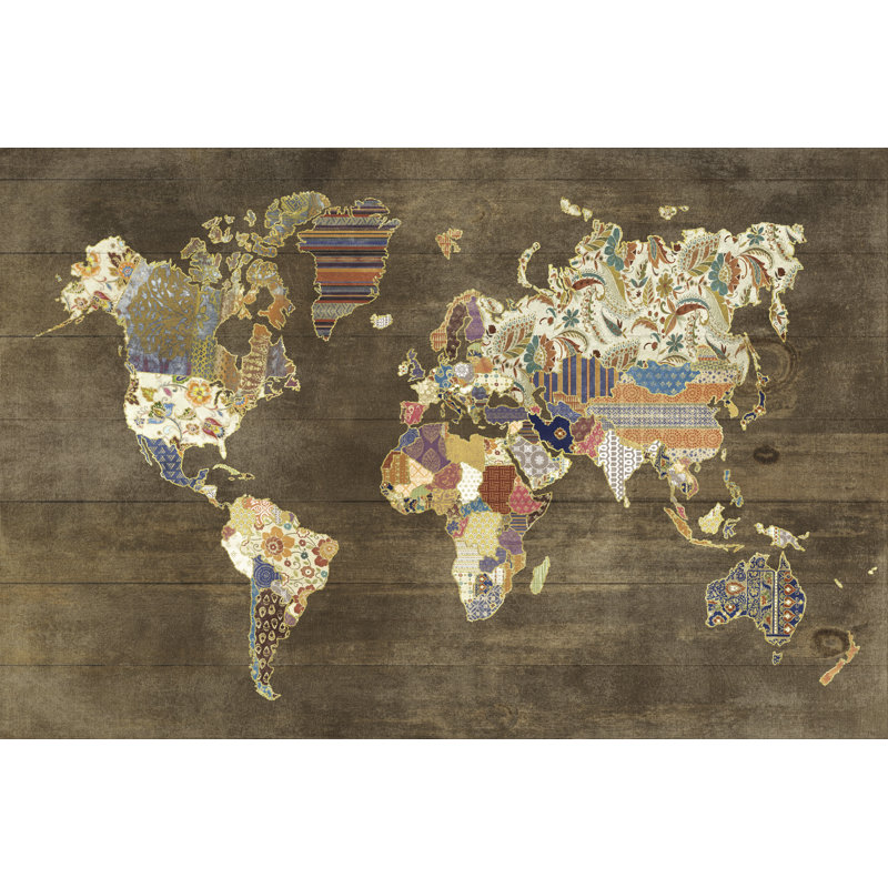 map Patterned World Map On Wood Texture, On Brown, Red, Gold, Gilded, Orange, Continents, 16" H x 24" W x 1.5" D