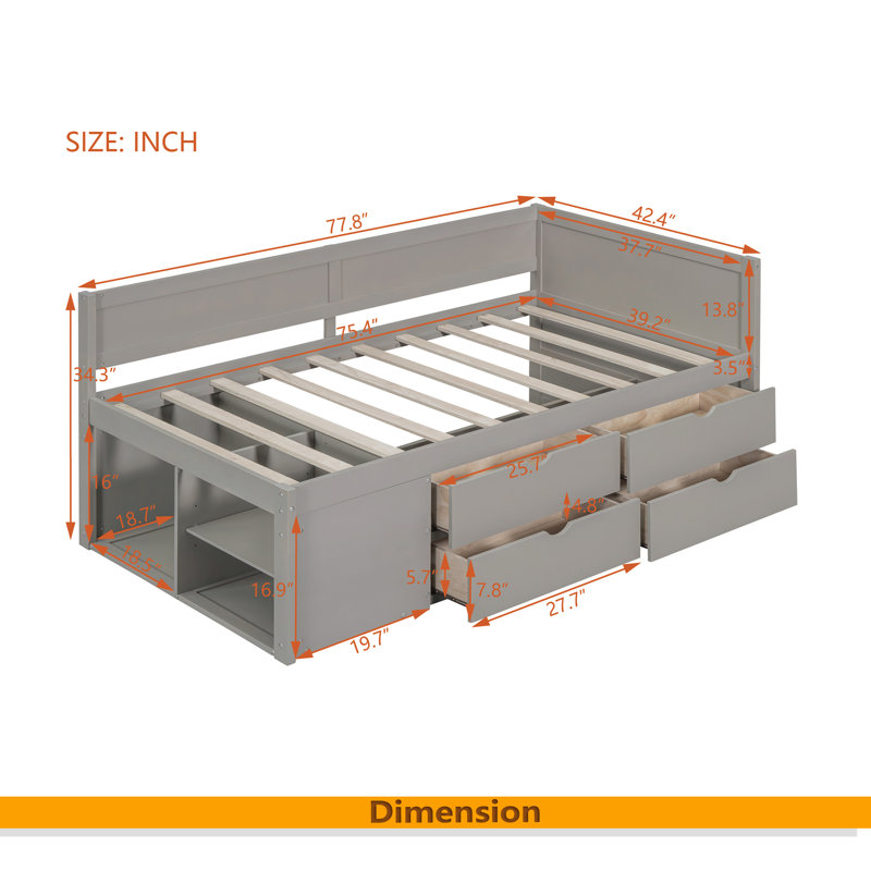 Lit de jour avec tiroirs et tablettes, Lit simple, Gris