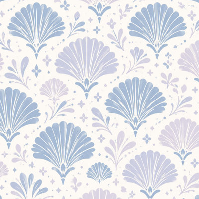 Papier peint auto-adhésif coquillage bleu aquarelle lavande en forme d'éventail papier contact blanc amovible auto-adhésif mural pour armoires de cuisine de chambre à coucher 17,7 po x 118 po