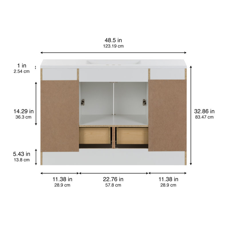Emlyn 48" Single Bathroom Vanity with 3 Cabinets, 2 Drawers, and Cultured Marble Vanity Top, White