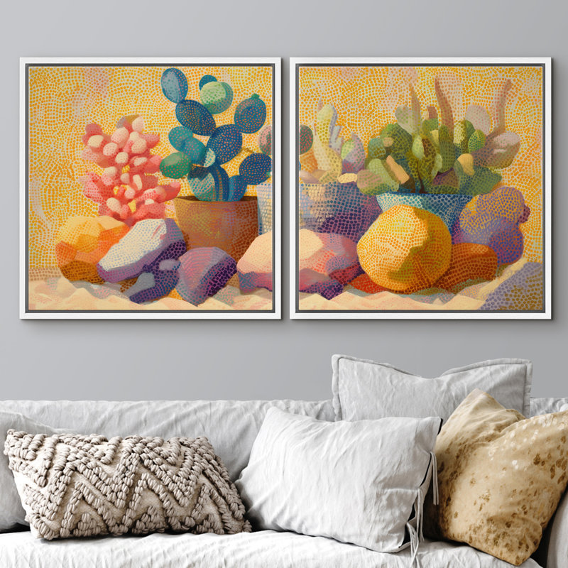 Cactus coloré nature morte, ensemble de décorations de style pointillisme encadré, œuvre d'art de la chambre principale, 2 pièces
