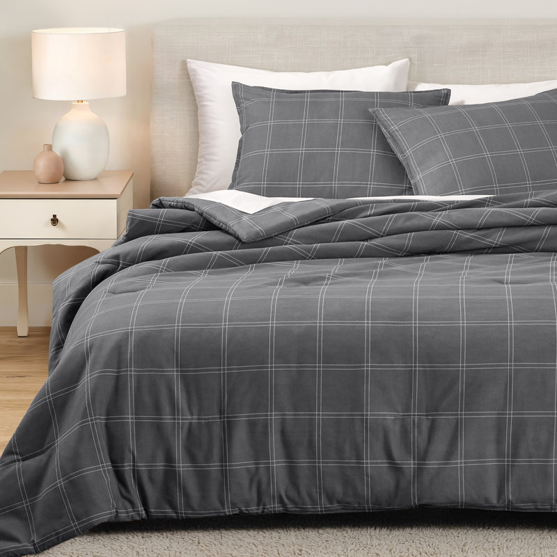 Ensemble d'édredon en duvet synthétique, Édredon double + 2 taies décoratives standards, Gris / tissu écossais blanc