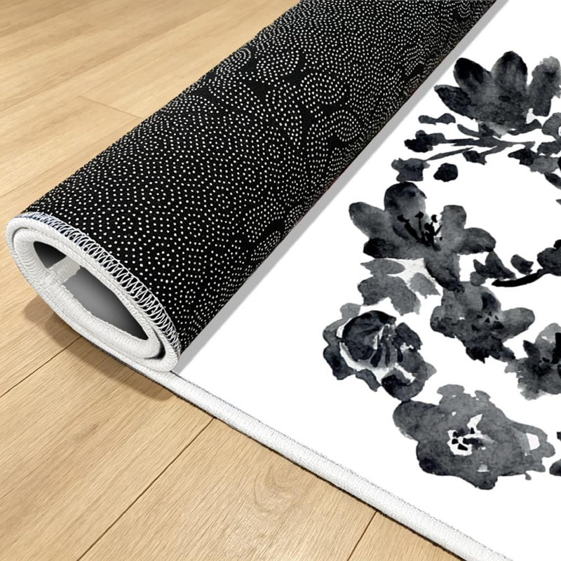 Black Watercolor Skull Flowers Flower White Halloween Floral Machine Washable Indoor Area Rug, Rectangle 71" x 98"