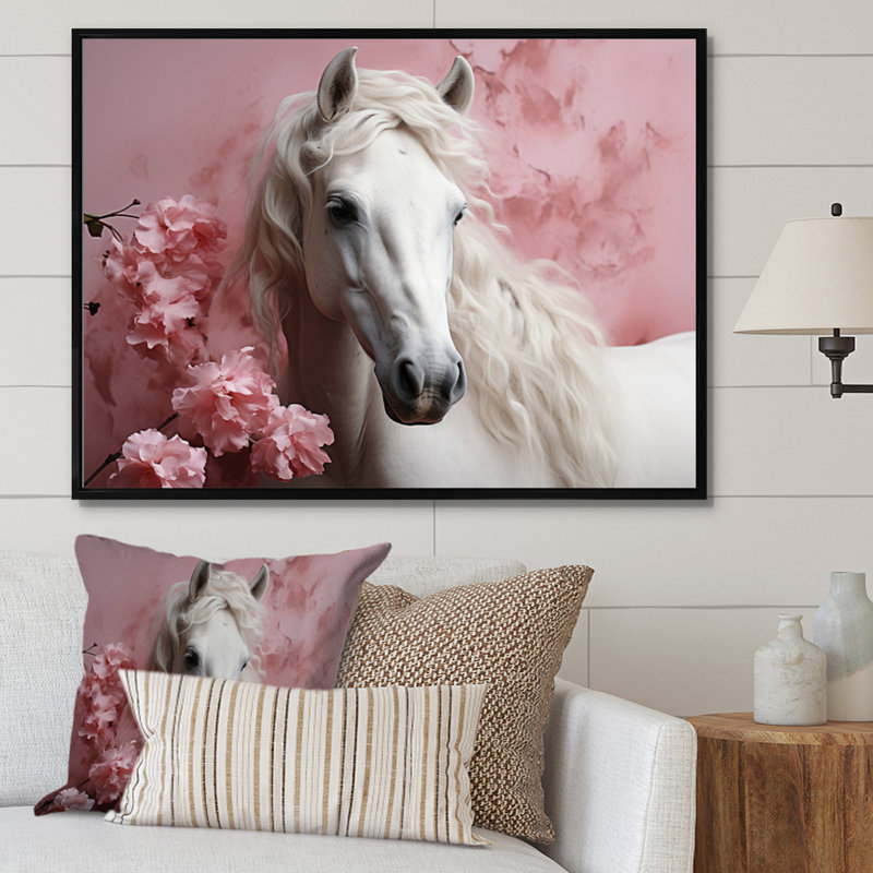Cheval rose blanc doux beauté - art mural cheval, H 12 po x l 20 po x P 1 po, Cadre flottant noir