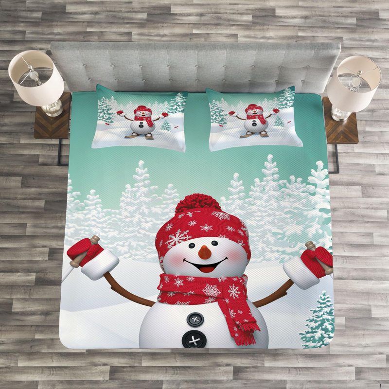 Queen Size White Quilted Snowman Bedspread Set