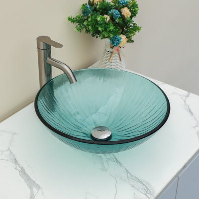 16.5" Circular Glass Bathroom Sink Vessel Sink with Pop-Up Drain