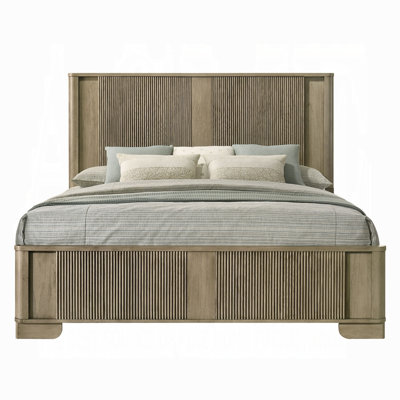Leky Queen Bed, LED Headboard, Fluted Patterns, Antique Oak Brown Wood