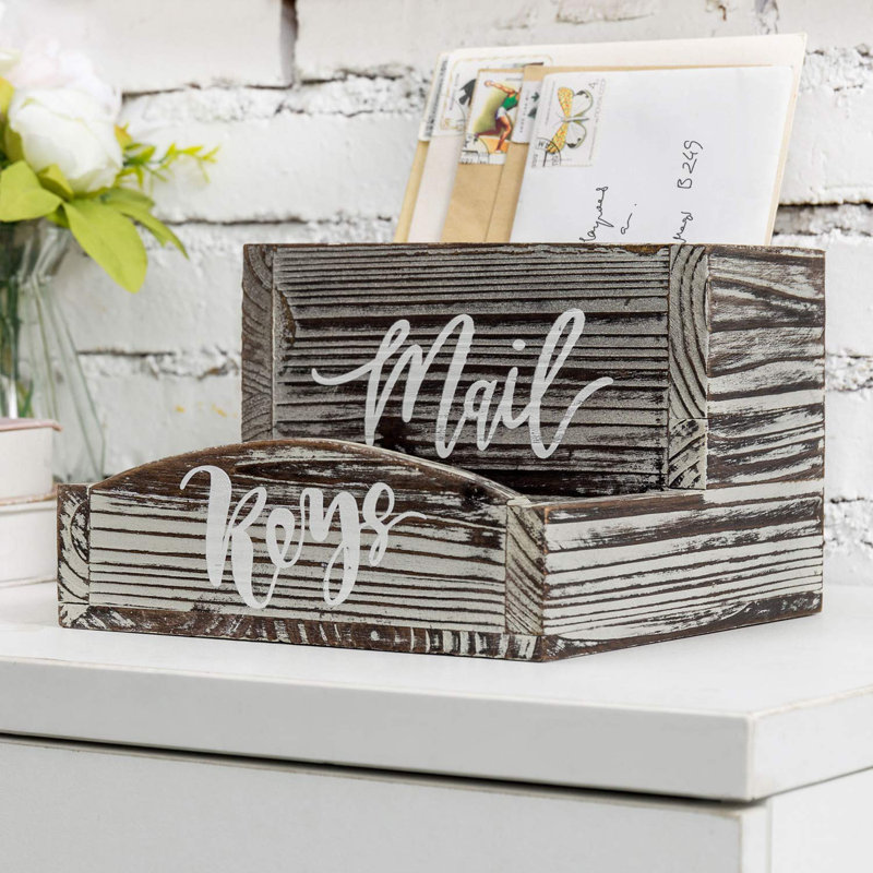 Rustic Torched Wood Mail Holder And Key Organizer Entryway Storage Tray With Cursive Mail And Keys Word Design