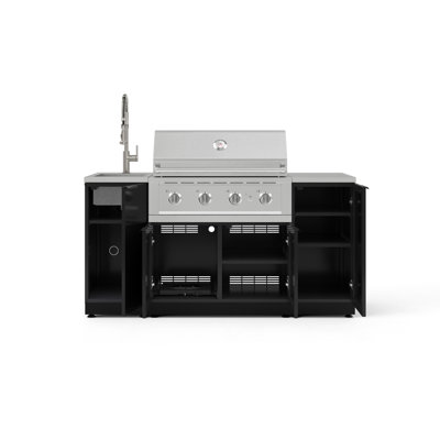 Ensemble d'armoires d'extérieur gris ardoise en aluminium 5 pièces avec évier, 1 porte, armoire de gril, barbecue au propane liquide 36 po, comptoir blanc Dekton 16 po et robinet en nickel brossé
