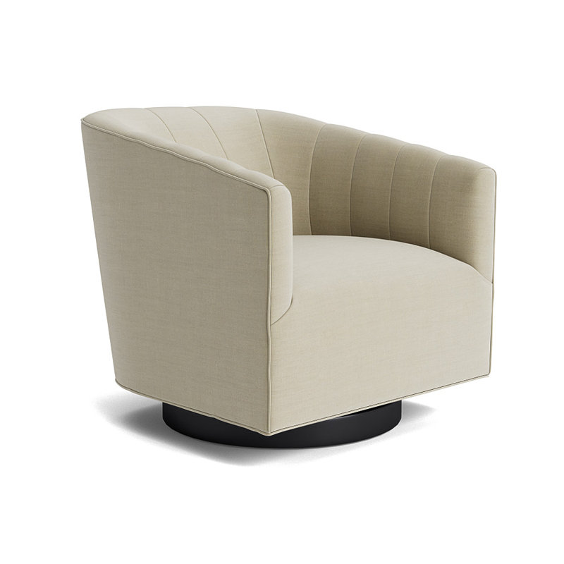 Cooper Upholstered Swivel Barrel Chair, Performance Linen - Flax, Black Metal