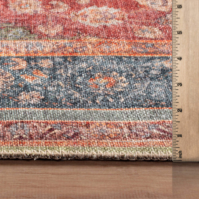 Tapis traditionnel à médaillon rouge Marin - tissé à plat, surface lavable avec envers antidérapant, Rectangle 9 pi x 12 pi