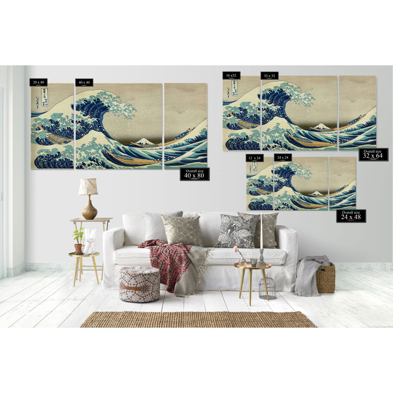 " The Great Wave " 3 - Pieces Painting Print, 40" H x 80" W x 1.5" D