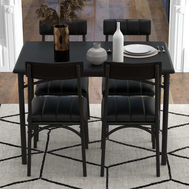 5 Piece Dining Table Set for 4, Rectangular Wood Metal Kitchen Table with 4 Upholstered Chairs, Space Saving Compact Dining Set for Small Apartment Studio