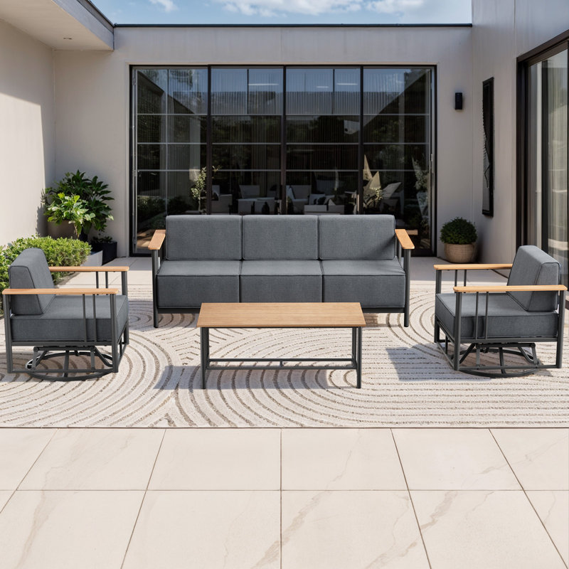 4-Piece Wicker Patio Set With Sofa, 2 Swivel Rockers & Coffee Table, Gray, Black