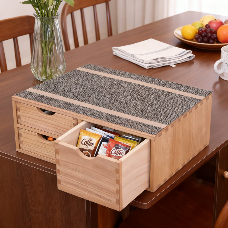 Organisateur de tiroir de rangement en bois pour dosette de café avec napperon résistant à la chaleur et support de capsule pour comptoir de cuisine et bureau