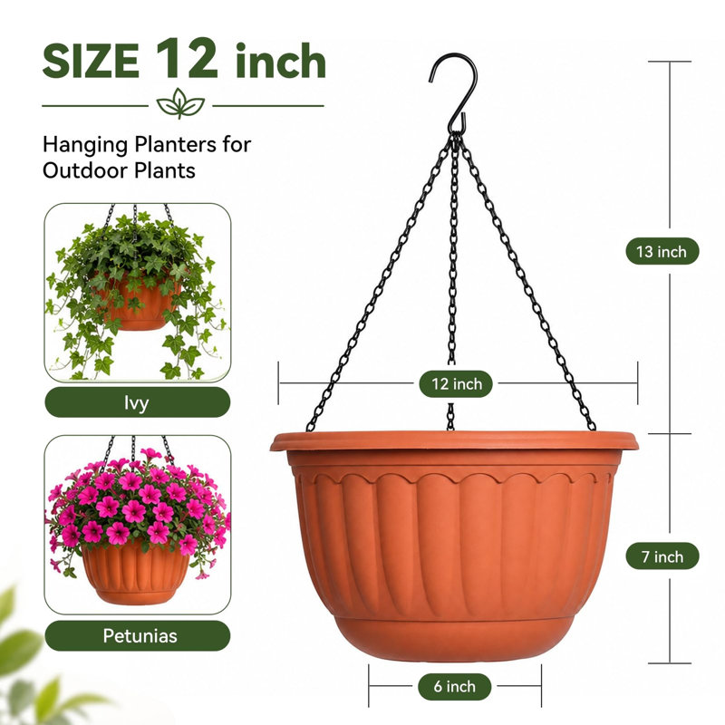 Lot de 2 pots de fleurs suspendus en plastique avec trou de drainage et soucoupe, style panier suspendu, pour la décoration de porche, terrasse ou balcon.