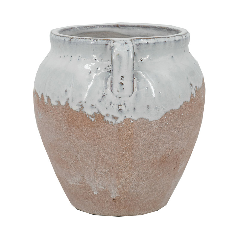 Round Terracotta Vase with Distressed White Tan Finish