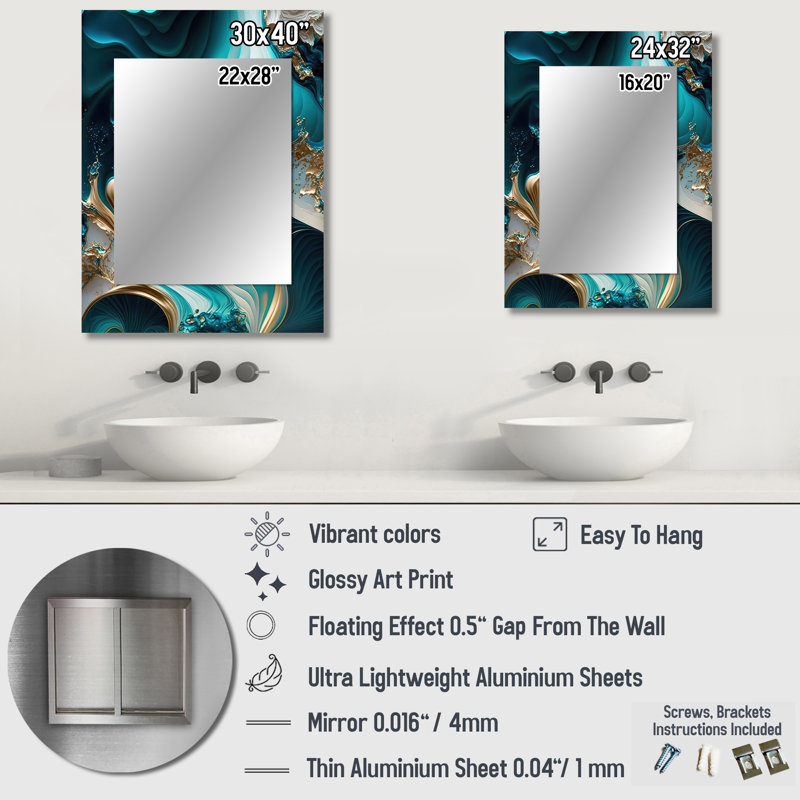 Abstrait géométrique turquoise II - miroir décoratif en marbre, miroir mural turquoise, impression sur métal, 32 po x 24 po