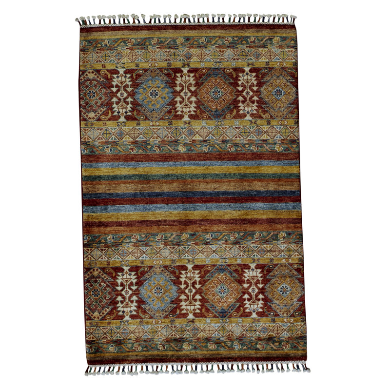 Tapis bleu, jaune et brun de haute qualité noué à la main