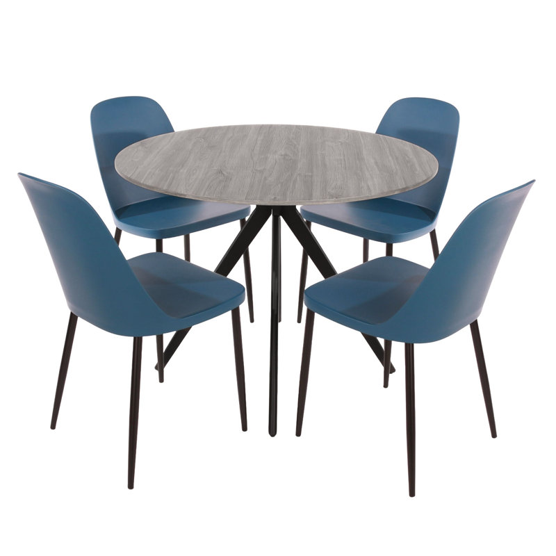 Sisquoc 5-Piece Casual Dining Set - Spacious Round Table & 4 Duo Plastic Chairs, Gray, Blue
