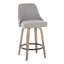 Tabouret de comptoir 27 po à hauteur fixe avec pivot en bois blanchi et tissu gris clair avec garniture cloutée en laiton et repose-pieds rond en métal noir - ensemble de 2