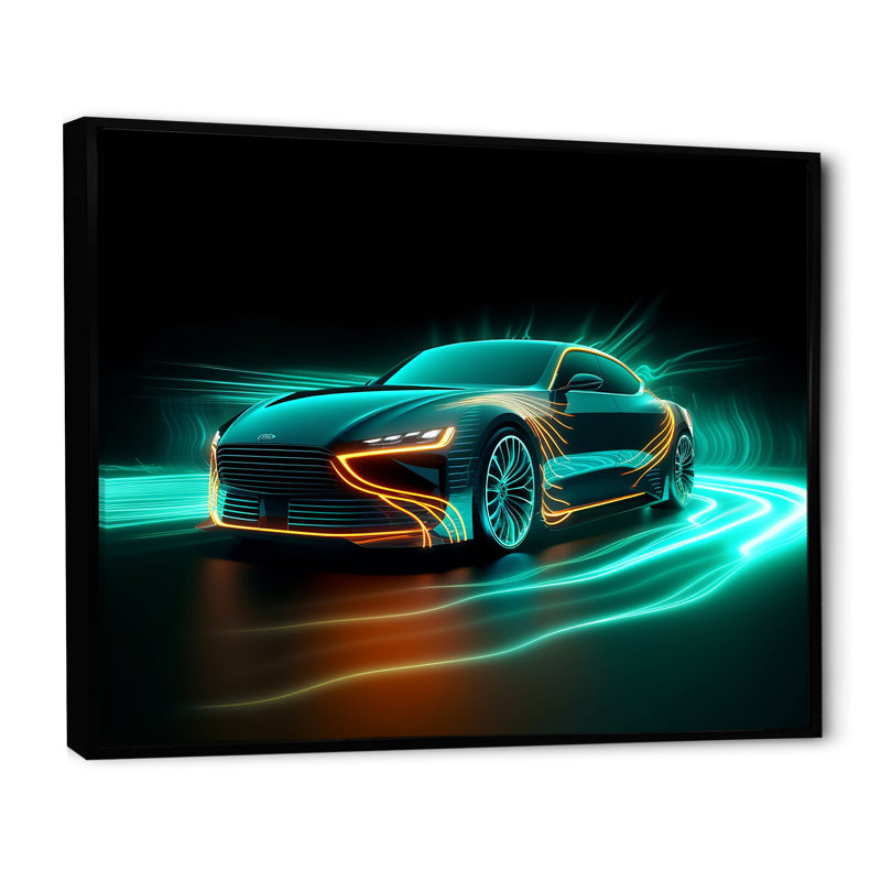 «Neon Light Strips Teal Hybrid Car I», reproduction sur toile, Cadre flottant noir, H 24 po x l 32 po x P 1 po
