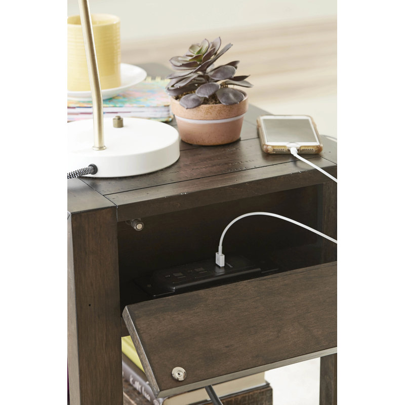 Wallen Solid Wood End Table with Storage and Built-In Outlets