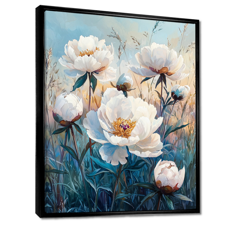 Pivoines dans le champ du matin I - pivoines, art mural, Noir, Reproduction avec cadre flottant, H 44 po x l 34 po