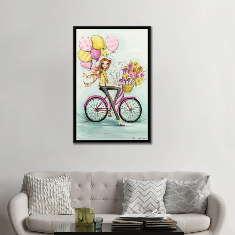 «Birthday Bicycle», peinture sur toile tendue, H 48 po x l 32 po x P 1,5 po, Toile avec cadre noir, Pas de tapis
