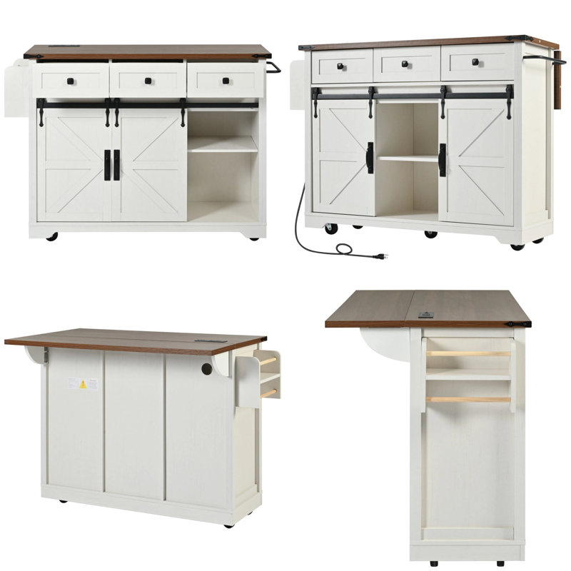 53.7" Farmhouse Kitchen Island with Drop Leaf, Power Outlet, 2 Sliding Barn Doors, 3 Drawers, Spice Rack, 5 Lockable Wheels
