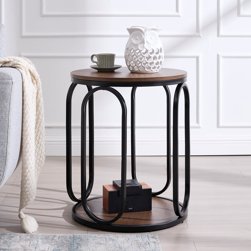 Carnforth 24.4"H Round End Table with Storage, Dark Brown Wood