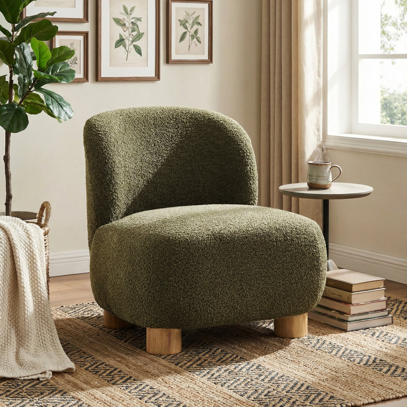 Fauteuil de chambre rembourré organique à profil bas avec pieds en bois massif Organic, Vert olive