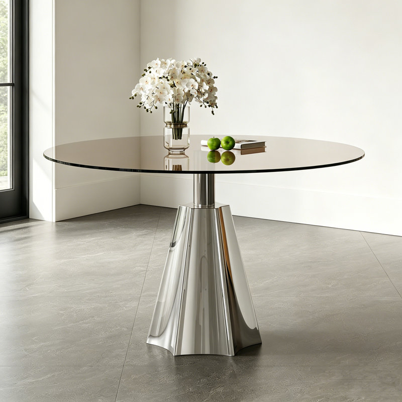 Table de salle à manger ronde en verre 35 po pour 2-4, table de salle à manger Mid-Century moderne en verre trempé fumé et base en acier inoxydable argenté pour les petits espaces