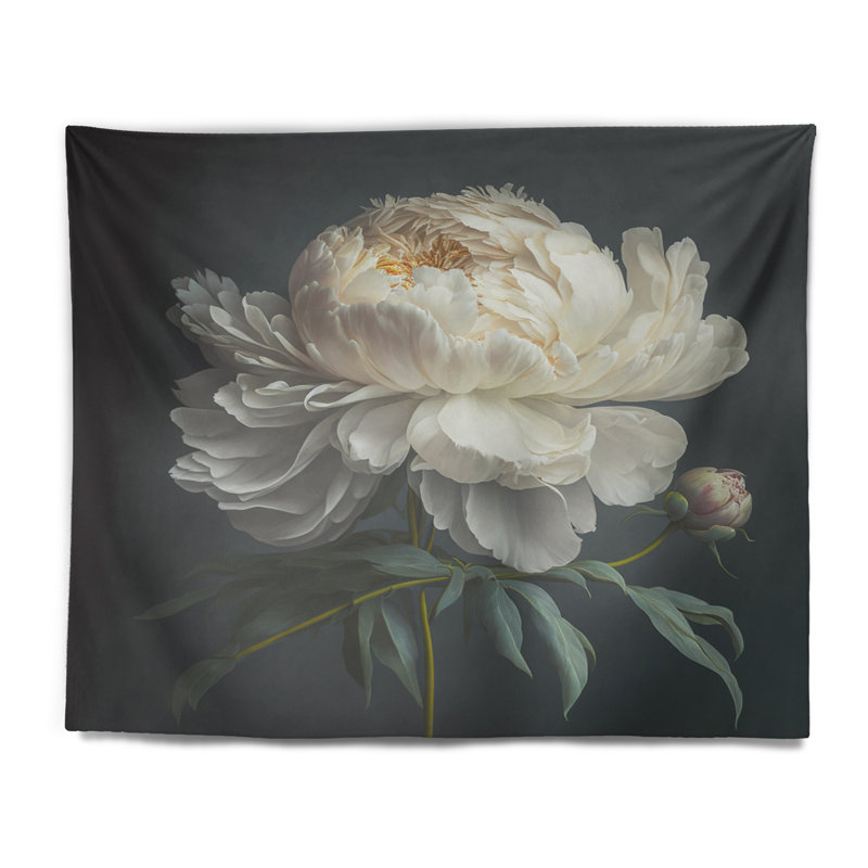 Tapisserie V pivoine blanche en polyester, H 32 po x l 39 po