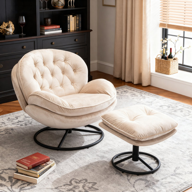 Fauteuil d'appoint avec repose-pieds Anouk, Velours beige