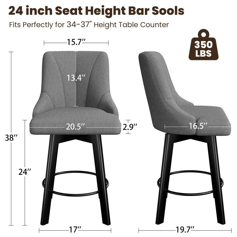 Swivel Bar Stools with Backs, 24" Counter Height Bar Stools Set of 1/2, Fabric Upholstered Counter Barstools with Solid Wood Legs for Kitchen Island, Home Bar