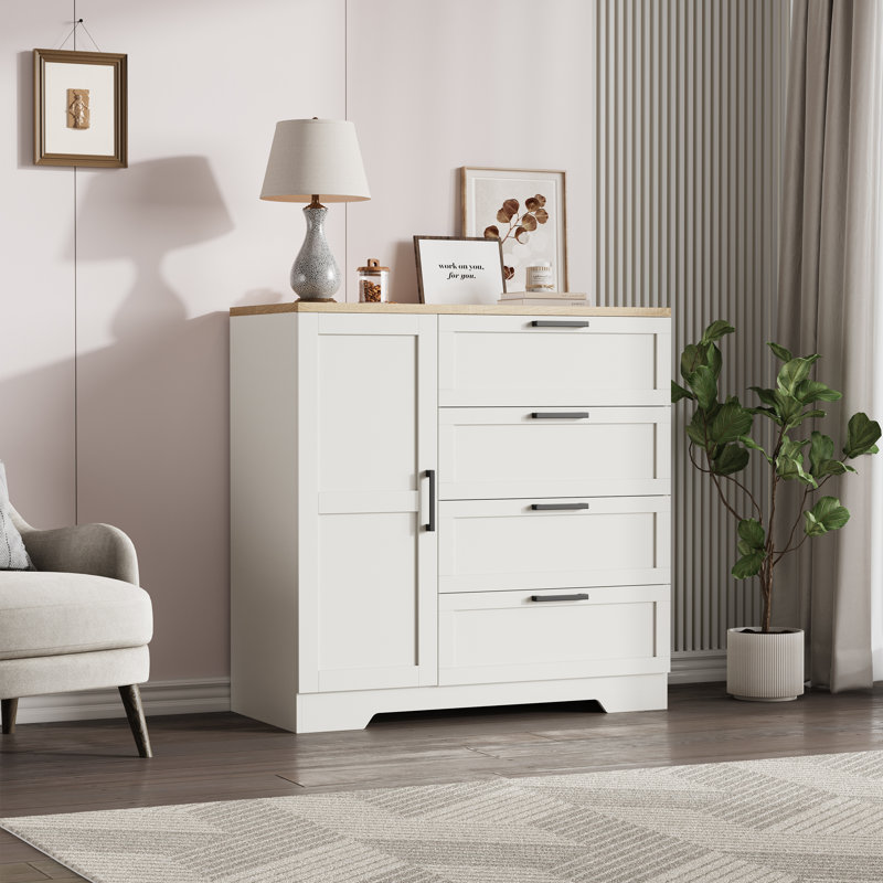 43.3'' Small Wardrobe Closet, Wardrobe Cabinet with Door, 4 Drawers and Handing Rod, Brown