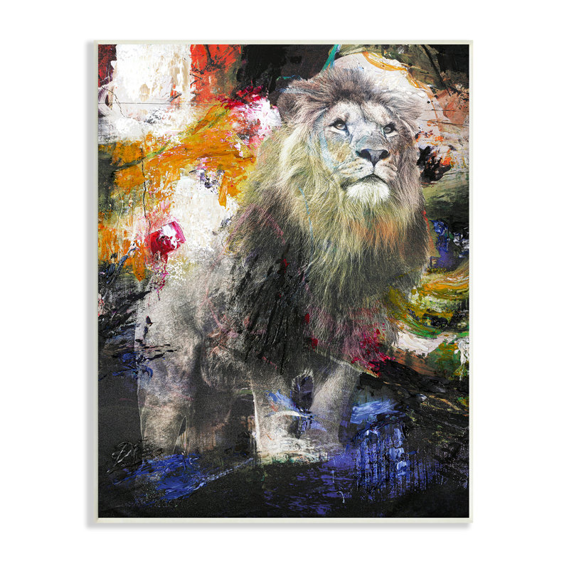 " King Lion Safari Animal Prowl Abstract Paint Movement " Painting Print, Wood Plaque, 15" H x 10" W x 0.5" D