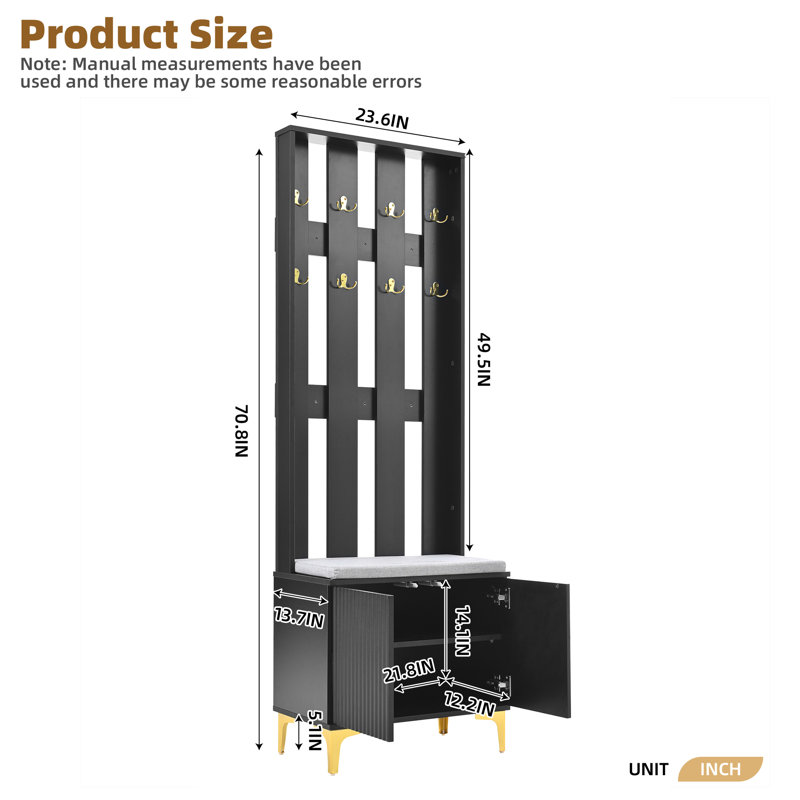  Luxury Hall Tree with Bench and Cushion, Versatile 4-in-1 Mudroom Organizer with Fluted Doors, Gold Hooks and Shelves, Black