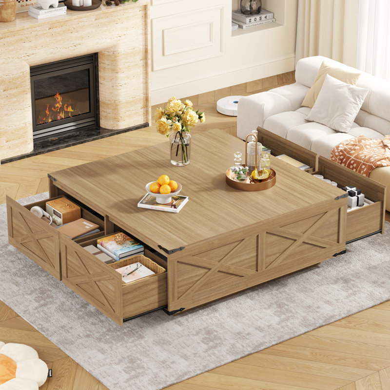 43" Large Farmhouse Coffee Table With 4 Storage Drawers, Natural Wood