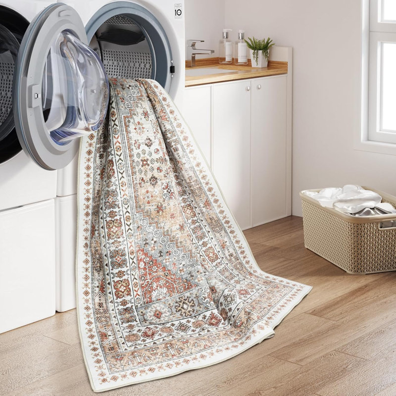 Medallion Non Slip Washable Rug(Orange), Runner 2'6" x 10'