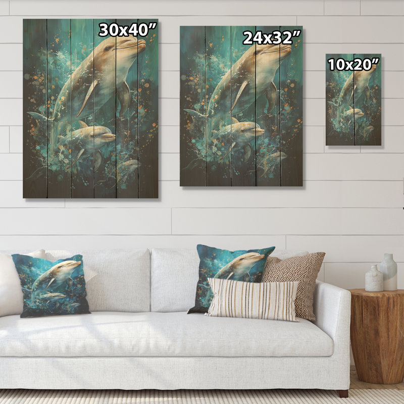 «Dolphin Aquatic Harmony», art mural sur bois de pin naturel, H 40 po x l 30 po