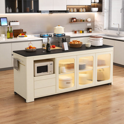 Chariot roulant avec rangement et grand comptoir, table mobile Trei avec station de préparation pour l'organisation de la cuisine et des repas